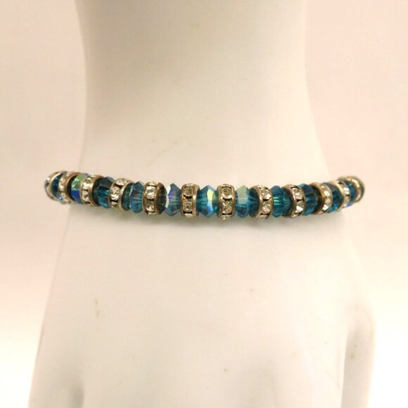 Blue Crystal Bead Bracelet Rhinestone Spacers Silver Tone Heart Toggle Clasp - Picture 5 of 12